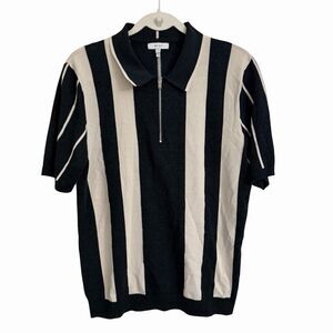 REISS Polo Shirt Mens Medium Black Ivory Leo Striped Half Zip Regular Fit